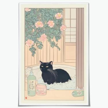 Imagem de Arte de parede de banheiro japonês gato preto na banheira pôster japonês gato relaxante fotos de banheiro decoração de parede impressões abstratas em tela neutra minimalismo pintura zen para spa