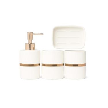 Imagem de Conjunto de Banheiro Moderno, 4 Peças em Branco e Dourado, Dispenser para Sabonete Líquido, 2 Porta Escovas e Saboneteira, Acabamento Premium, Branco