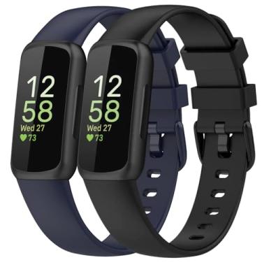 Imagem de Pacote com 2 pulseiras esportivas compatíveis com Fitbit Inspire 3, 15,4 mm de largura de silicone macio ajustável para mulheres e homens (preto/azul marinho, pequena)