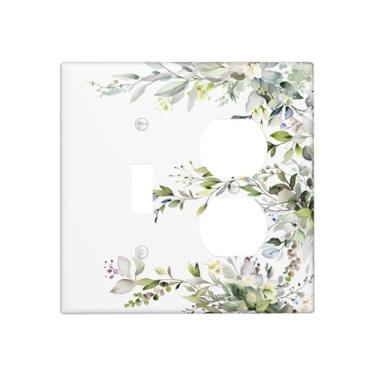 Imagem de VGHOKO Capas de tomada decorativas com folhas de eucalipto de vegetação minimalista e design floral branco, placa de parede de 2 grupos, interruptor de luz duplex, combo de interruptor para decoração