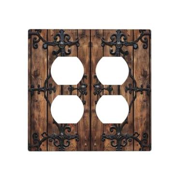 Imagem de BHGAHD Capas de tomada decorativas com porta de celeiro de madeira marrom vintage com design de ferragens de bronze antigo, placa de parede de 2 gangs, capa de interruptor de luz dupla dupla para