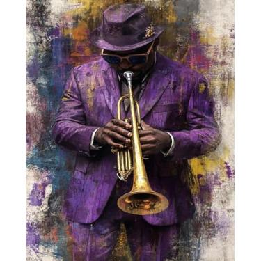 Imagem de XTXGERL Kit de pintura de trompete de jazz vibrante por números para adultos, pintura estética moderna por número em tela, kits de pintura a óleo digital de arte abstrata adequados para decoração de