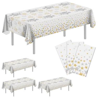 Imagem de Pacote com 3 toalhas de mesa de plástico premium Happy New Year, 137 x 274 cm, retangular, à prova de vazamento, para decoração de festa, piquenique, aniversário (branco fogos de artifício, pacote com
