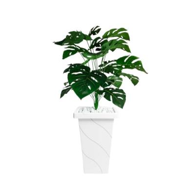 Imagem de Planta Artificial Costela de Adão com Vaso Decorativo Grande em Rattan – Decoração Elegante para Sala ou Casa(Coluna Branco)