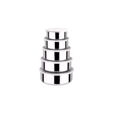 Imagem de Conjunto de 5 Tigelas em Aço Inoxidável com Tampas Plásticas, Potes Herméticos para Cozinha, 250ml a 1.2L, Diâmetros 10-18cm, Acabamento Brilhante