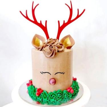 Imagem de Topo de bolo de Natal, decorações de bolo de chifres de metal design 3D vermelho elegante, enfeite de mesa de sobremesa de cupcake de Natal para casamento, suprimentos de festa de Natal - vermelho