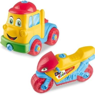 Imagem de Kit Infantil com Moto e Caminhão de Brinquedo, Plástico Multicolorido, 2 Peças com Adesivos, para Crianças Acima de 3 Anos, 21x16x12cm e 19x11x16cm