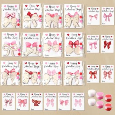 Imagem de Kathfly 36 Pack Valentines Day Gifts Wooden Bow Unfinished Painting DIY Craft Kits with Valentines Cards for Pink Bow Party Favors Classroom Student School Art Activity Party Supplies