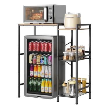 Imagem de Mini suporte de geladeira com prateleiras de armazenamento, suporte de mini armário de geladeira de 3 andares, suporte de padeiro para micro-ondas, cafeteira, lanches, mesa de madeira de metal
