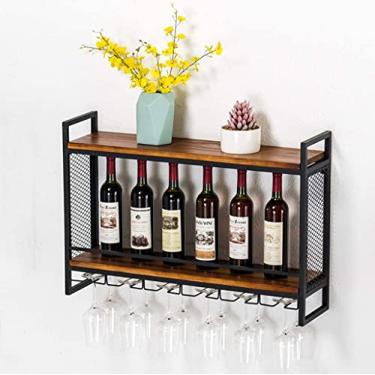 Imagem de Prateleiras flutuantes rústicas vintage rack de vinho, bar cozinha metal e madeira garrafa de vinho rack de taças de vinho suporte de cálice 2 camadas prateleira de parede (tamanho: 60 × 20 × 55 cm)