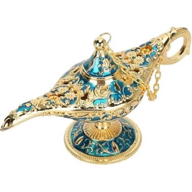 Imagem de Lâmpada Decorativa Aladdin, Dourado e Azul Turquesa, Metal Ornamentado, Estilo Árabe, com Corrente