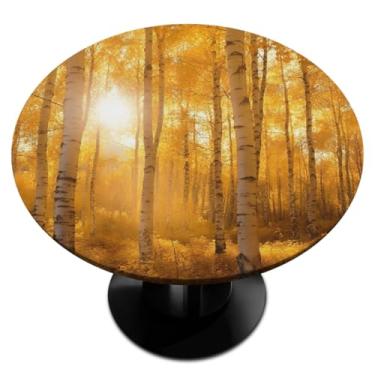 Imagem de hongjinglin Toalha de mesa redonda com borda elástica floresta dourada outono toalha de mesa redonda limpa para decoração de cozinha de 114 a 127 cm