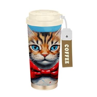 Imagem de SEHANY Caneca de viagem de gato gatinho fofo de 482 g xícaras de café reutilizáveis revestidas de cerâmica com tampa à prova de vazamento, parede dupla, isolamento a vácuo, copo de café de aço