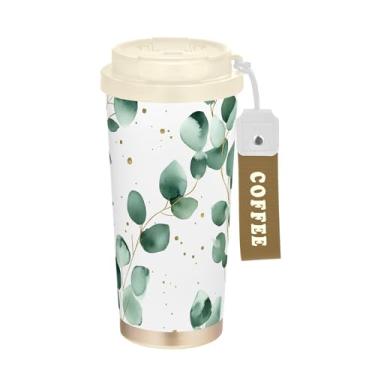 Imagem de SEHANY Caneca de viagem Green Leaves de 482 ml Copos de café reutilizáveis revestidos de cerâmica com tampa à prova de vazamento, parede dupla, isolamento a vácuo, copo de café de aço inoxidável para