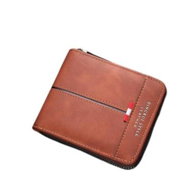 Imagem de Carteira masculina dobrável com zíper, resistente ao desgaste, clipe para dinheiro e bolso para moedas, carteira masculina de couro retrô, Marrom, 4.7 x 1 x 3.7 inches, Simples