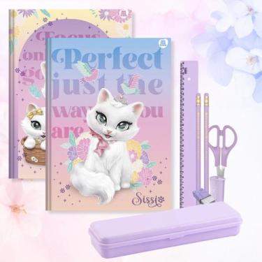 Imagem de Caderno Brochura Capa Dura Gatinha Sissi 2un com Kit Escolar Lilás 7pc