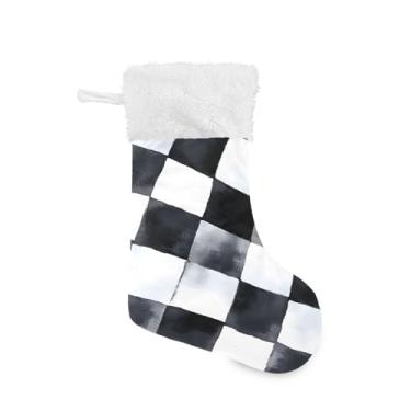 Imagem de Blueangle Pacote com 2 meias de Natal com grade de flange preta e branca de 17,7 polegadas para decorações de festas de fim de ano, porta-presentes e meias (198)