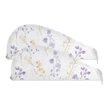 Imagem de SEHANY Toalha de cabelo de microfibra de flores coloridas elegantes para mulheres, 2 peças, turbantes de cabelo de secagem rápida com botão, touca de cabelo seco absorvente toalha de secagem de cabelo