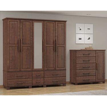 Imagem de Conjunto Quarto: Guarda-roupa 5 Portas, Cômoda Sapateira 5 Gavetas Café Ouro Madeira Pinus - Finestra