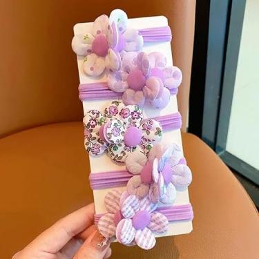 Imagem de 5 peças de laços de cabelo de flores doces, faixas elásticas fofas, suportes de rabo de cavalo de cor doce com flores, elásticos macios sem danos para meninas acessórios de cabelo