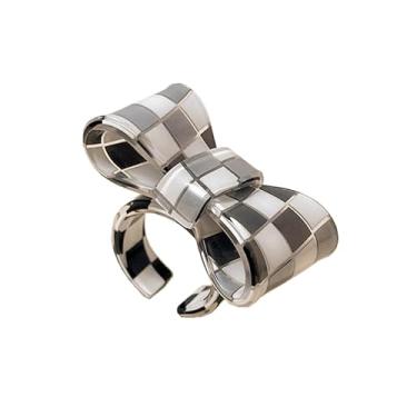 Imagem de xuzhiyuan Anel de declaração de arco xadrez colorido anel aberto de acrílico para mulheres joias modernas e modernas presente, Resina, Sem pedra preciosa