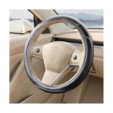 Imagem de FALVFUN Capa de volante de carro, couro antiderrapante de 38 cm, protetor de volante com anel interno, acessórios de proteção interna automotiva, compatível com a maioria dos veículos (preto/cinza)