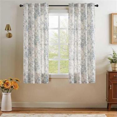 Imagem de Cortinas JINCHAN de lino floral 160 cm de largo color azul claro 2 pan