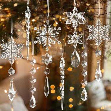 Imagem de 9 peças de enfeites de Natal transparentes para pendurar em floco de neve - enfeites de gelo de floco de neve de cristal acrílico com pingentes de gota para decoração de lustre do país das maravilhas