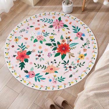 Imagem de USTIDE Tapete redondo lavável, tapete redondo floral vintage de 1,6 m, macio, antiderrapante, tapete circular envelhecido para quarto, sala de estar, banheiro, berçário, cozinha, rosa