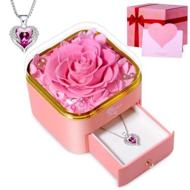 Imagem de Presentes de rosa de Natal para mulheres, rosa preservada com colar, flores para sempre, rosa rosa, presentes de aniversário para mulheres, mãe, avó, esposa, namorada, Natal, Dia dos Namorados