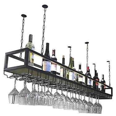 Imagem de APUM Rack de vinho de teto, altura ajustável, com corrente de ferro de 1 m de comprimento, prateleiras retrô industriais, prateleira de exibição de decoração de madeira para bar/cozinha/restaurantes