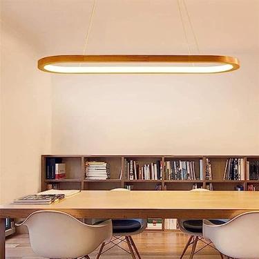 Imagem de Lustre moderno Lustre moderno de madeira de carvalho Linear LED Luz pendente Ilha de cozinha Lâmpada suspensa regulável com controle remoto com altura ajustável Luz de teto suspensa de madei