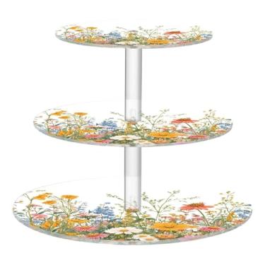 Imagem de CEBUGI Suporte de cupcake de 3 camadas, flores silvestres, suporte redondo para bolo, torre, bandeja de servir em camadas de acrílico para chá, chá de bebê, casamento e mais