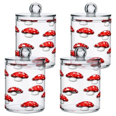 Imagem de STAYTOP 2 frascos de boticário Qtip para banheiro com etiquetas – Recipiente de armazenamento Qtip de plástico transparente acrílico para bola de algodão, cotonete, grão de café - cogumelos fofos