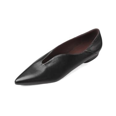 Imagem de TinaCus Mocassim feminino de couro legítimo feito à mão em forma de V com bico fino e confortável, Preto, 37