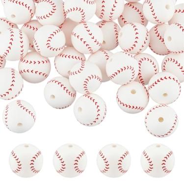 Imagem de OLYCRAFT 40 peças 15 mm beisebol focal silicone solto contas redondas impressas esporte contas de silicone branco contas de bola esportes contas para chaveiro pulseira colar diy artesanato joias