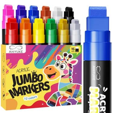 Imagem de ANYUKE Marcadores de tinta acrílica jumbo de 12 cores – Pôster permanente de 15 mm e marcadores de grafite, canetas de tinta à prova d'água para pedras, madeira, vidro, cerâmica, tela, metal, plástico