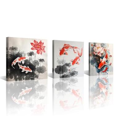 Imagem de NAN Wind Arte de parede em tela tradicional de peixe koi e flor de lótus estilo tinta asiática carpa vermelha e branca Feng Shui cena aquática arte zen oriental para quarto, sala de estar, meditação