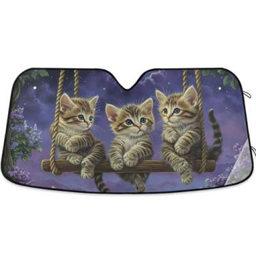Imagem de Gatinhos fofos balanço gato lavanda personalizado guarda-sol para carro para-brisa engraçado retrátil dobrável carros persianas para janelas dianteiras automotivo floral S, 134.6 cm x 59.7 cm