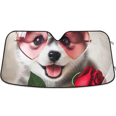 Imagem de Valentine Husky Dog Toldo de sol fofo para para-brisa de carro bonito personalizado dobrável óculos de sol para janelas dianteiras floral automotivo retrátil L, 144,8 cm x 80 cm