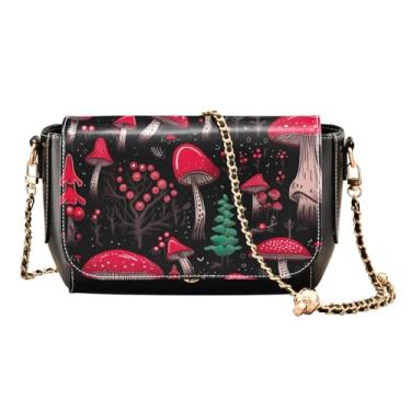 Imagem de Girassol em uma bolsa tiracolo amarela com bolso, bolsa de ombro de couro transversal, bolsas transversais de couro para mulheres, Cogumelos vermelhos em preto, One Size