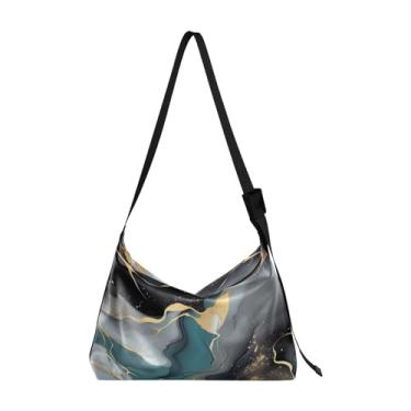 Imagem de GAIGEO Bolsa tiracolo feminina de couro com pintura preta e dourada abstrata, bolsa tiracolo de couro vegano, bolsa grande com zíper, Redemoinhos abstratos de ouro e prata - 3, One Size