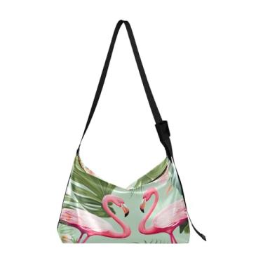 Imagem de Bolsa tiracolo Hobo aquarela maçãs e flores com folhas, bolsa feminina de couro, bolsa transversal de couro, Flamingos rosa e folhas de palmeira em verde - 3, One Size