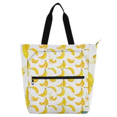 Imagem de GAIGEO Bolsa de trabalho branca banana amarela para mulheres, bolsa escolar de lona com zíper, bolsas reutilizáveis, amantes de livros