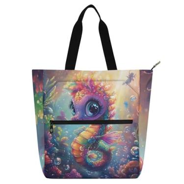 Imagem de Linda bolsa de trabalho marinha colorida cavalo marinho para mulheres, bolsas de tecido de lona, faculdade, escola, professores, livros, presente para amantes de livros