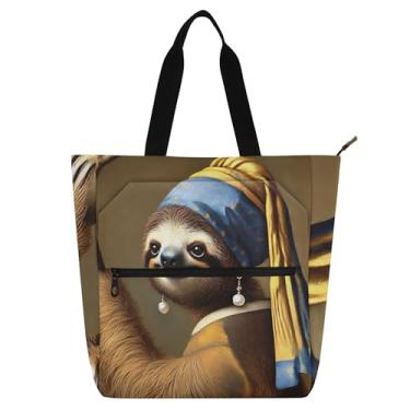 Imagem de GAIGEO Bolsa de lona artística, preguiça, pérola, brinco, para mulheres, crianças, escola, trabalho, viagem, zíper