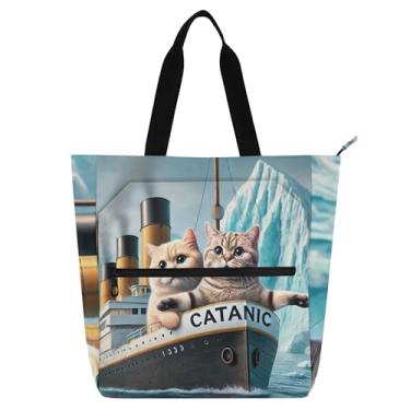 Imagem de Sacola feminina Titanic Kitten Cute Cats para trabalho, lona, praia, livros, zíper, bolsas médias, presente para amantes de livros