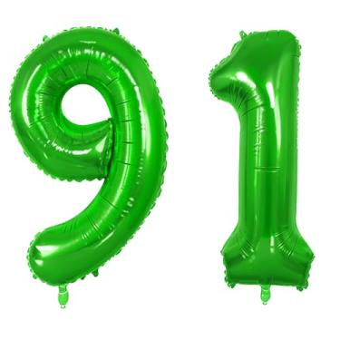 Imagem de Balões número 91 para decorações de festa de 91º aniversário, 0-100 balões grandes nº 91 para mulheres, homens e vovô, balão de hélio verde fruta de 101 cm para decorações de aniversário de 91 anos