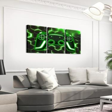 Imagem de Erosebridal Arte de parede em tela de jogos para meninos crianças adolescentes arte de parede emoldurada geométrica verde gamepad pinturas decoração de parede videogames geometria favo de mel imagens