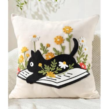 Imagem de Kokaaee Capa de almofada bordada 45,7 x 45,7 cm - Capa de almofada decorativa de primavera Boho com zíper para sofá sofá quarto sala de estar, fronha de almofada floral de gato